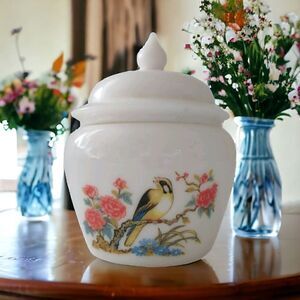 Avon Milk Glass Apothecary Jar Urn Birds Floral Ginger Bathroom Victorian Vtg